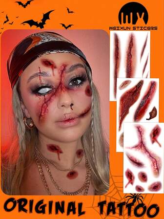 3 Horrible, Realistic, Fake Bloody Palm Wound Suture Scars Waterproof Temporary Tattoo Stickers Halloween Costume Party Prank Makeup Props