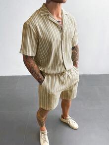 INS 风格男士两件套波西米亚钩针针织衬衫和短裤，多色条纹提花纹理套装，适合海滩度假音乐节夏威夷度假装，送给他的礼物，老钱度假装，舒适服装