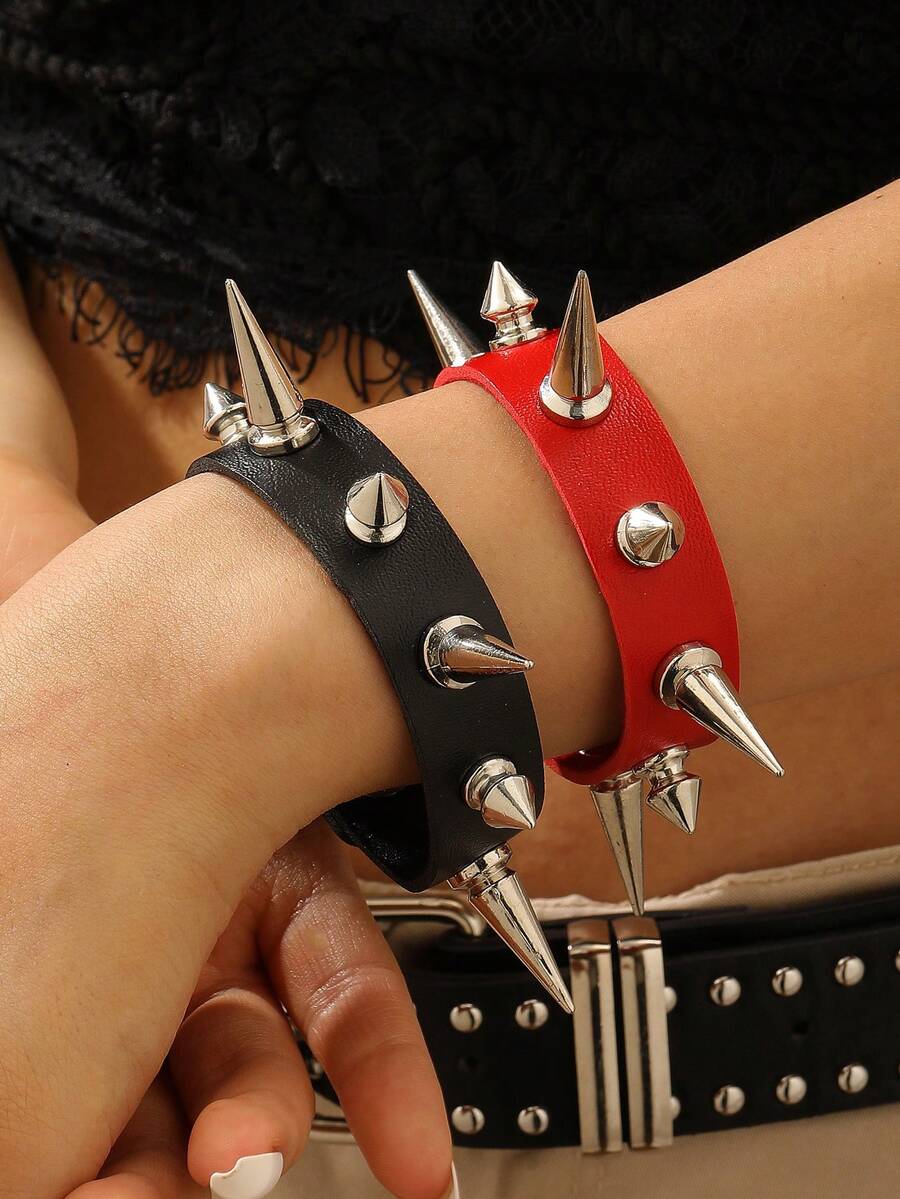 1 件朋克风格单排铆钉皮革手链，女士手镯，适合日常佩戴、音乐节、珠宝