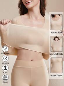 1 Set Of Women's Seamless Ultra-Thin Thermal Underwear Set - Soft And Comfortable Long Sleeve Crew Neck Top, Comfortable And Soft Tight Thermal Long Pants, Great For Underwear And Sleepwear, High Quality Material,Lightweight And Thin, Suitable For Layering.