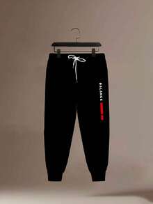 大码男士黑色“Balance”印花休闲运动慢跑裤 - 抽绳腰部，涤纶针织，舒适时尚，适合秋季户外活动、运动休闲穿着 | 时尚运动裤 | 涤纶针织裤 - 黑色 - 查看 2