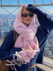 1 件装女士冬季围巾，马尾毛黑色仿羊绒披肩，加厚保暖，女士时尚纯色流苏拉绒围巾，户外女士披肩，连衣裙 - 粉色 - 查看 2