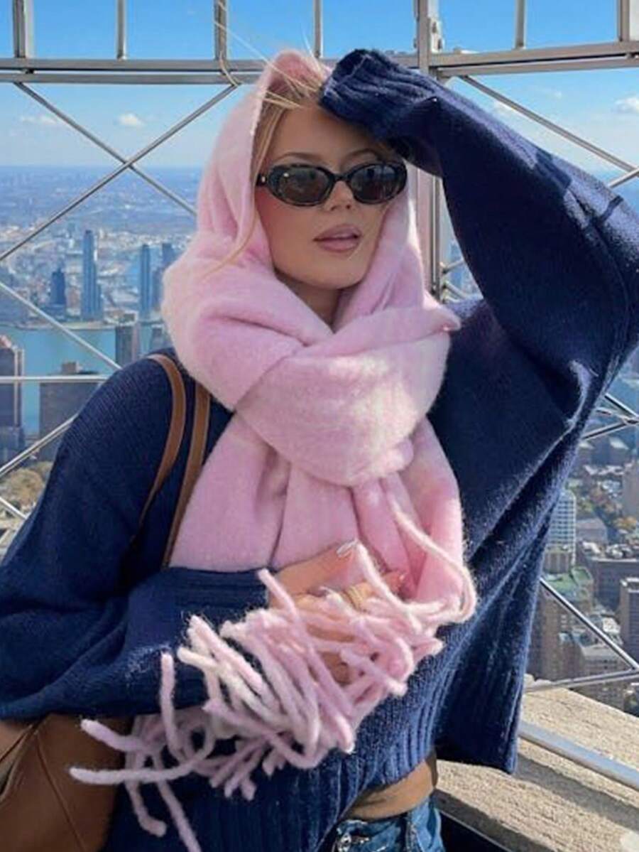 1 件装女士冬季围巾，马尾毛黑色仿羊绒披肩，加厚保暖，女士时尚纯色流苏拉绒围巾，户外女士披肩，连衣裙