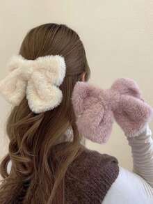 Solid Color Plush Big Bow Hair Clip, Plush Hairpin Barrette, Fluffy Hair Claw Clip Hair Accessory, Hair Slide, Hair Barrettes, Winter Accessories Women, Hair Accessories, Head Accessories - Multicolor - View 5