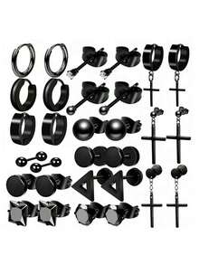 25/27 件黑色不锈钢耳环套装，男士十字架和羽毛吊坠链，嘻哈朋克圈形耳环 - 30件/套 A - 查看 6