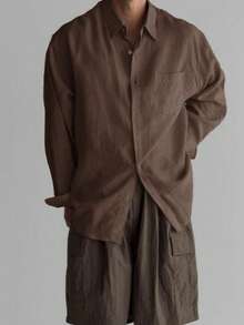 Men's Solid Color Pocket Front Button Long Sleeve Casual Shirt, Summer - Coffee Brown - View 4
