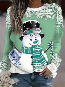 Weihnachts-Schneemann-Muster Loose Fit Langarm Lässig Sweatshirt für Frauen - Dunkelgrün - Übersicht 2