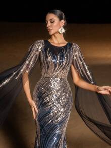 Faeriesty Đầm dạ hội nàng tiên cá lấp lánh, được tô điểm bằng những hạt cườm và sequin lấp lánh như lông vũ nhiều màu sắc, có tay áo dài bằng vải chiffon mỏng manh, lý tưởng cho các buổi dạ tiệc trang trọng, trang phục dự đám cưới, sự kiện thảm đỏ và các buổi tụ họp cao cấp. Đầm dự tiệc thanh lịch màu đen mùa xuân - màu đen - Xem 6