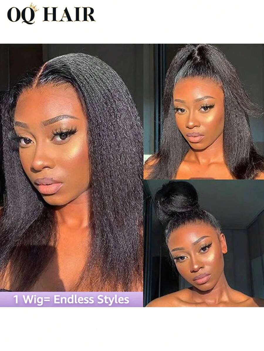 OQ Hair Wear And Go Glueless Kinky Straight 360 Transparent Lace Invisi-Drawstring Flexible Fit Wig Natural Hairline 180% Density 14-26 Inch Pre-Bleached Tiny Knots Hair With Gifts And Quick Ship Items Pre-Cut Unprocessed Real Hair Stylish Natural Looking Young For Women Friendly - SNatural - View 1
