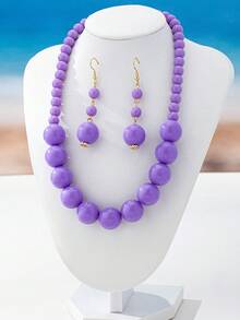 3pcs/Set Fashionable & Elegant Colorful Beaded Necklace & Earrings Set, Suitable For Women's Daily, Vacation, Party Outfits - Purple - View 2