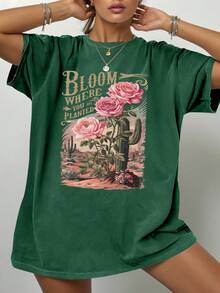 Plus Size Bloom Where You Are Planted Desert Rose And Cactus Graphic Round Neck Short Sleeve Tee - Dark Green - View 1