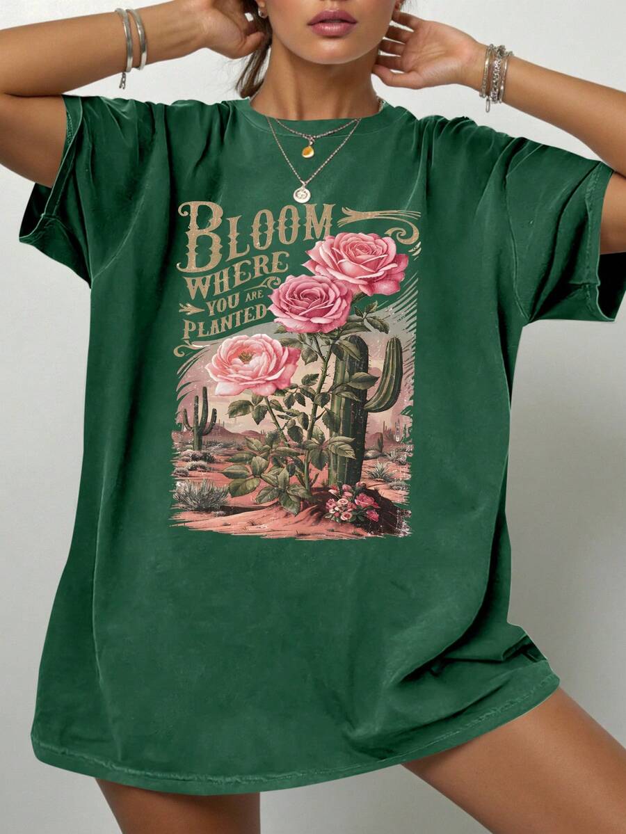 Plus Size Bloom Where You Are Planted Desert Rose And Cactus Graphic Round Neck Short Sleeve Tee - Dark Green - View 1