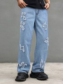 Grunge Goth Y2K 男士时尚休闲街头宽松个性化年轻运动学院直筒街头十字刺绣纯色四季牛仔裤 - 藍色 - 查看 10