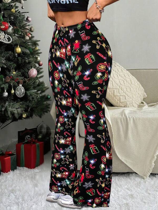 Women's Plus Size Christmas Sparkly Print Flared Trousers, High Waist Casual Holiday Bottoms,Fashion Christmas Outfit For Women,Daily Christmas Women's Clothing