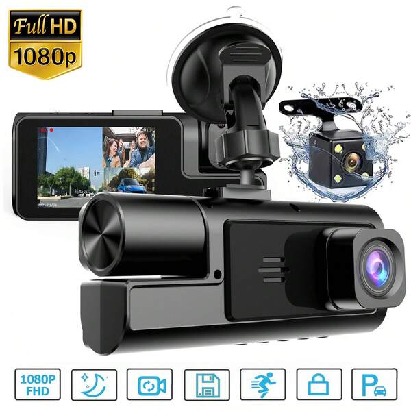 1pc,Dash Cam Front And Rear And Inside, 3 Lens Dash Camera For Cars, 1080P FHD DVR Car Dashboard Camera With Loop Recording,Black Box,Car Camera,Car Driving Recording,2 Inch Display,Not Included SD Card