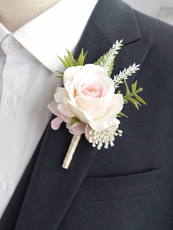 1Pc Premium Groom/Bridesmen Artificial Rose Boutonniere ,Handmade Wedding Bouquet For Men, Accessories For Wedding/Graduation/Prom