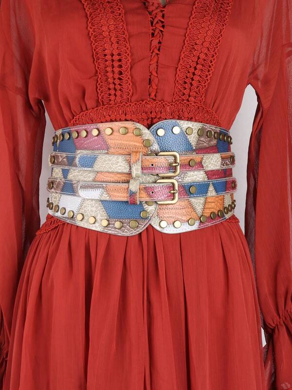 1pc Women's Colorful Vintage Rivet Elastic Waist Belt, Versatile For Dresses, Suits, Jackets