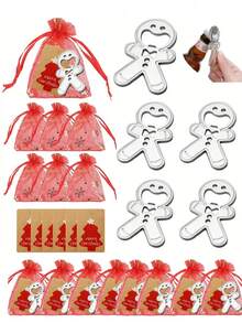 15 pièces/set Ensemble cadeau ouvre-bouteille bonhomme en pain d'épices de Noël - Design de dessin animé mignon, en acier inoxydable, métal, ouvre-bouteille manuel, comprenant 5 pièces d'ouvre-bouteilles bonhomme en pain d'épices, 5 pièces de cartes sapin de Noël, 5 pièces de sacs en laine flocon de neige rouge. Parfait pour la cuisine, les fêtes et les cadeaux de Noël, accessoires ludiques, détails raffinés, accessoires de fête