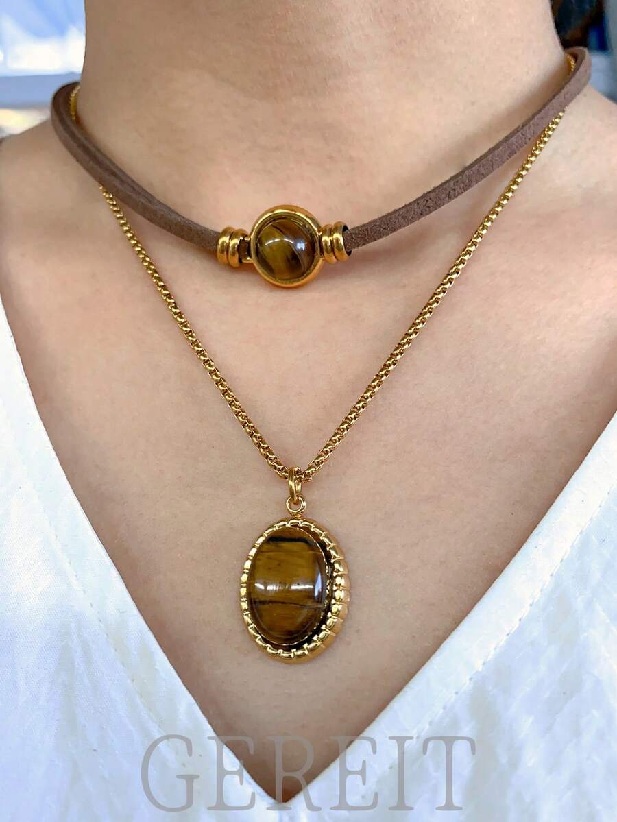 GEREIT Set de 2 collares de acero inoxidable con piedra de ojo de tigre para mujeres, accesorio versátil para otoño/invierno