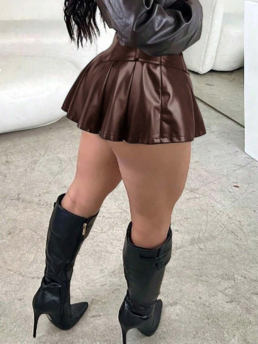 Minifalda de cuero PU con doble pliegue en V y cintura baja, ajustada, con forro antideslizante, estilo de calle de vanguardia para festivales de música, primavera/verano - Marrón - Ver 1