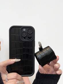 Crocodile Pattern Black Luxury Stone Texture Phone Case + Stone Texture Earphone Case Compatible With Apple X, XR, 11, 12, 13, 14, 15, 16 Pro Max, 17, Air, 17 Pro, 17 Pro Max, Pro, 4