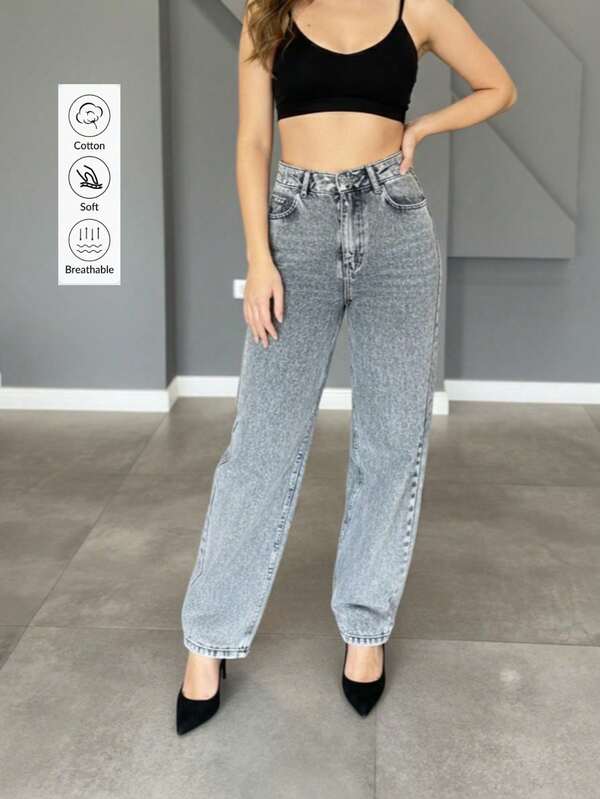 Damen Lässig Lang Weite Bein Jeans mit Schnurrbart Stickerei, Reißverschluss & Knopfverschluss, geeignet für formelle Abendgarderobe