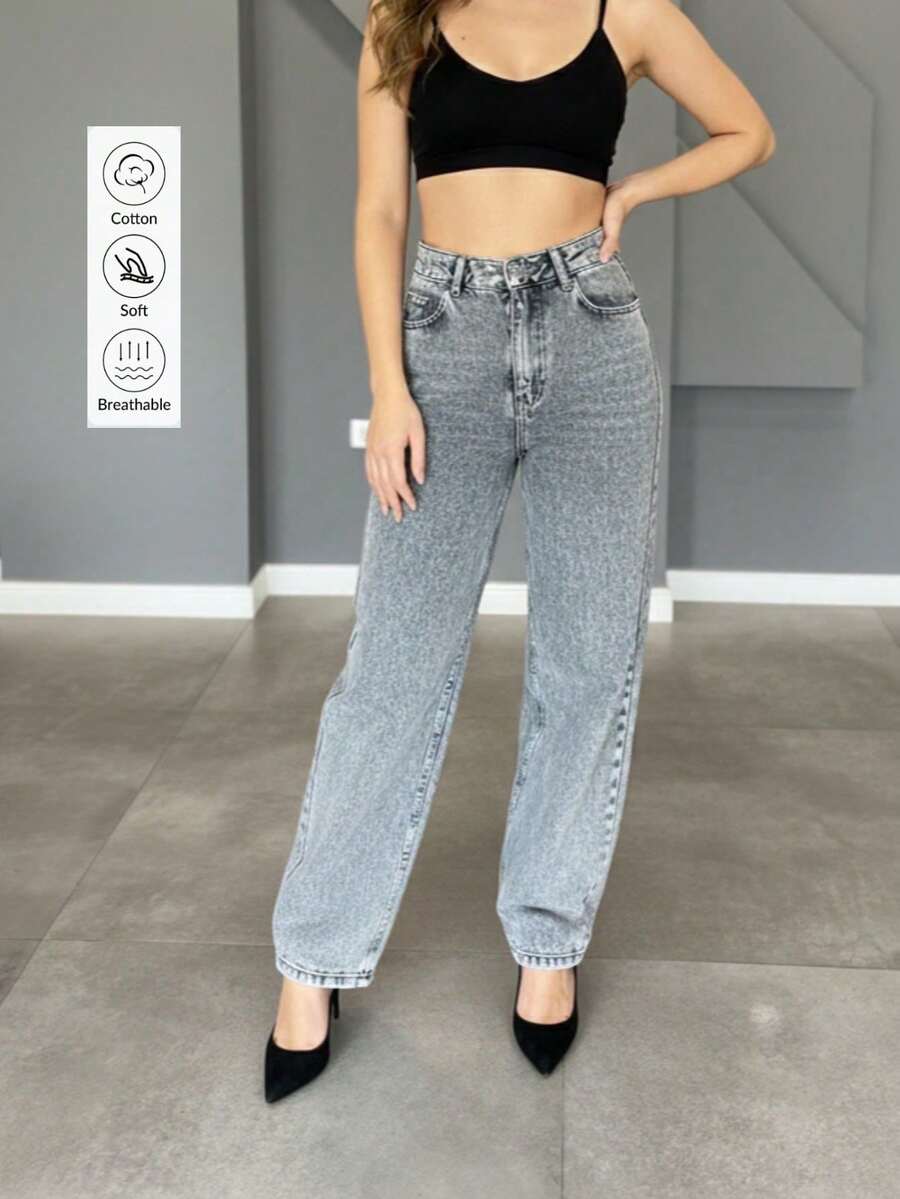 Damen Lässig Lang Weite Bein Jeans mit Schnurrbart Stickerei, Reißverschluss & Knopfverschluss, geeignet für formelle Abendgarderobe