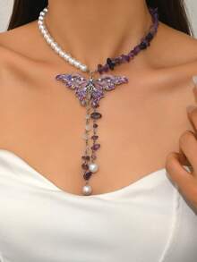 1 和个性化 Y2k 中国朋克亚文化紫色蝴蝶吊坠仿珍珠/紫色砾石双层项链小众设计适合女性派对/音乐节/日常/派对佩戴粗颈链 - 彩色 - 查看 1