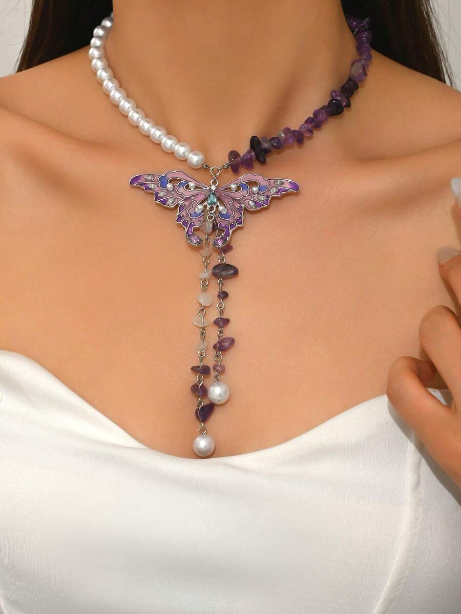 1 和个性化 Y2k 中国朋克亚文化紫色蝴蝶吊坠仿珍珠/紫色砾石双层项链小众设计适合女性派对/音乐节/日常/派对佩戴粗颈链 - 彩色 - 查看 1