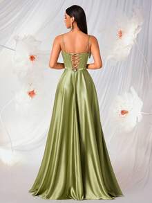 Elisanya Women's Elegant Spaghetti Strap Pleated Fishtail High Waist A-Line Backless Tie Dress - Green - View 2