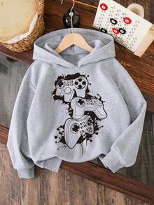 Young Boy Video Game Graphic Warm Hoodie - Grey - View 1