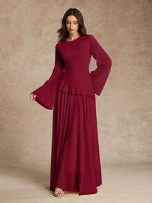 Women's Elegant Ruffle Trim Tie-Waist Flare Sleeve Dress, Spring/Summer - Burgundy - View 2