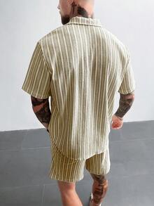 INS 风格男士两件套波西米亚钩针针织衬衫和短裤，多色条纹提花纹理套装，适合海滩度假音乐节夏威夷度假装，送给他的礼物，老钱度假装，舒适服装