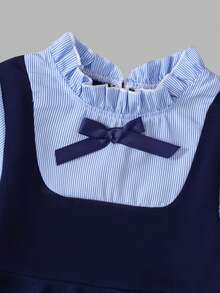 2 件套年轻女孩时尚休闲 2 合 1 条纹荷叶边领套头衫和纯色松紧腰串珠喇叭裤套装，适合日常、家居和户外穿着，春秋季 - 藍白色 - 查看 5