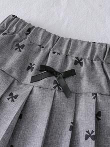 2pcs/Set Toddler Girls' Fashion Casual Cute Pearl Button Collar Lace Trim Blouse + Lace Trim Pleated Skirt - Grey - View 7
