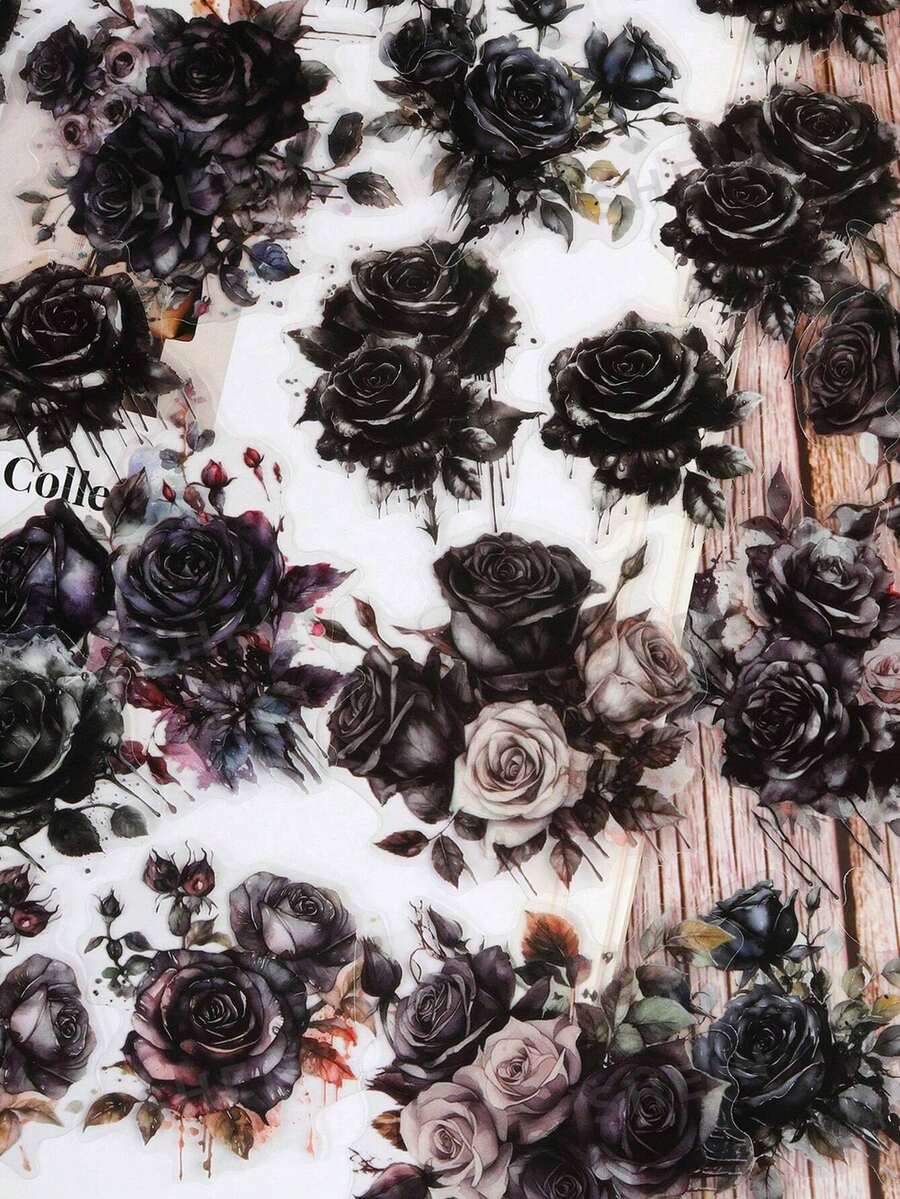 30pcs/Pack Vintage Rose Floral Stickers, Creative Aesthetic Sticker Decals, Holiday Gift, DIY Decoration Scrapbooking Craft Supplies, Personalized Sticker Album School Stationery - Black - View 1