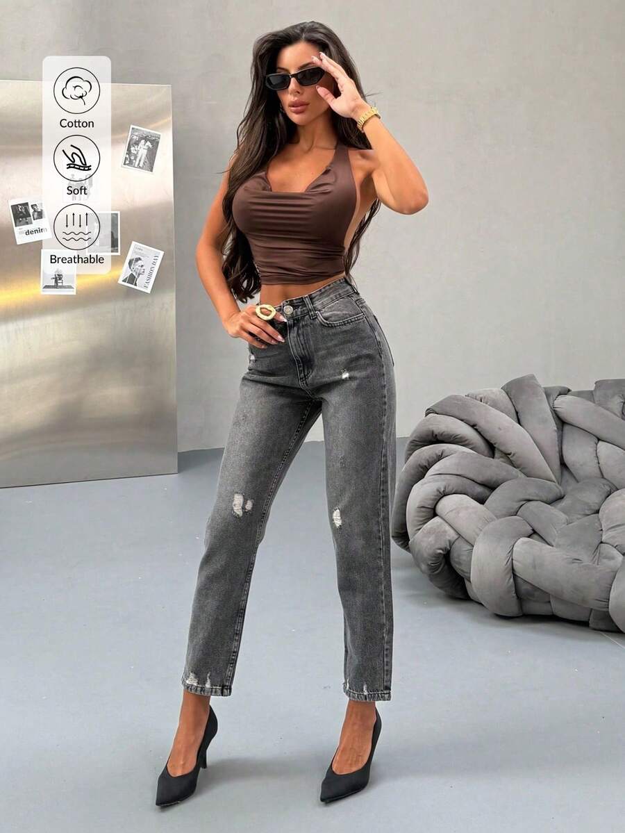 High Waist Knee Laser Ripped Boyfriend Mom Jeans, Solid Color Destroyed Asymmetrical Pockets - Dark Grey - View 1