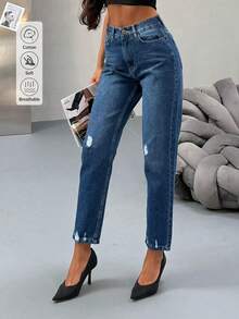 High Waist Knee Laser Ripped Boyfriend Mom Jeans, Solid Color Destroyed Asymmetrical Pockets - Medium Wash - View 2