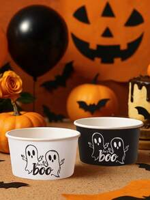 10pcs Halloween Themed Disposable Paper Bowl, Halloween Black White Ghost Pattern Party Decoration Paper Bowl, Halloween Ghost Disposable Food Container, Halloween Dining Table Decoration Paper Bowl, Halloween Horror Element Disposable Paper Container, Paper Bowl Container For Treat Candy Snack Nacho Cookie Trick Or Treating Birthday Party Favor, Halloween Decoration, Halloween Food Tray