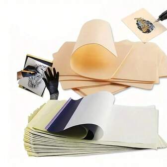 一套纹身练习皮和转印纸 - 包括 10 片双面可重复使用硅胶假皮空白练习皮、10-100 片纹身转印纸、纹身工具和配件套装