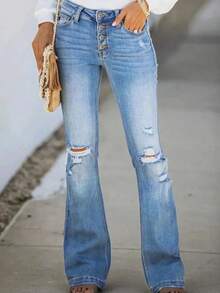Women's Flared Denim Pants - Mid-Rise Stretch Bootcut Design, Classic Wash, Practical Pockets, Button & Zip Closure, Versatile Casual Style - 淺色水洗藍 - 查看 1