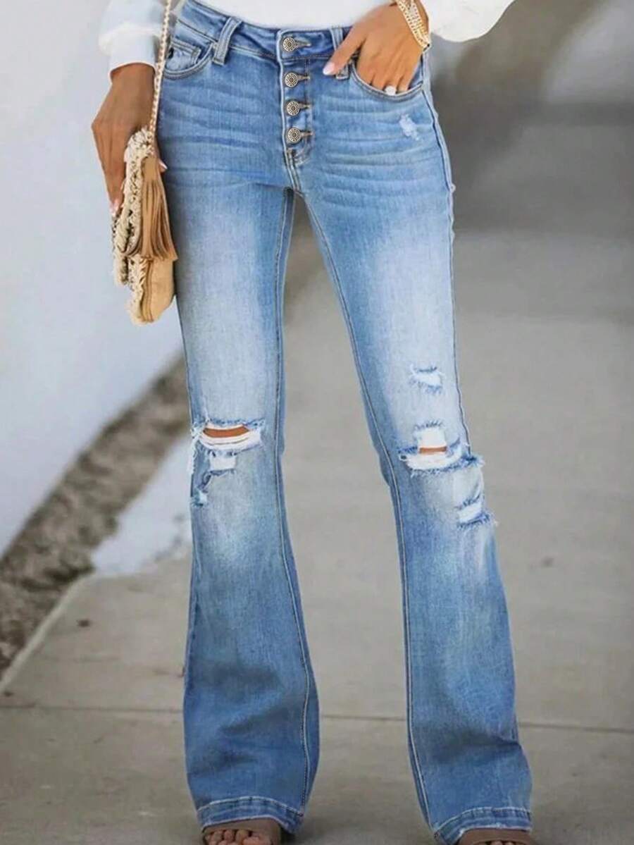 Women's Flared Denim Pants - Mid-Rise Stretch Bootcut Design, Classic Wash, Practical Pockets, Button & Zip Closure, Versatile Casual Style - 淺色水洗藍 - 查看 1