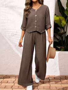 Conjunto de salón de talla grande para mujer con textura arrugada, top corto y pantalón de pierna ancha en marrón oscuro para otoño e invierno, atuendo casual para Acción de Gracias y Navidad, ropa de estar cómoda para el hogar y días festivos