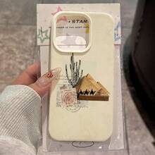1 pieza Funda de teléfono de estilo vintage con pirámide de Egipto y camello en patchwork TPU compatible con iPhone - Blanco - Ver 1