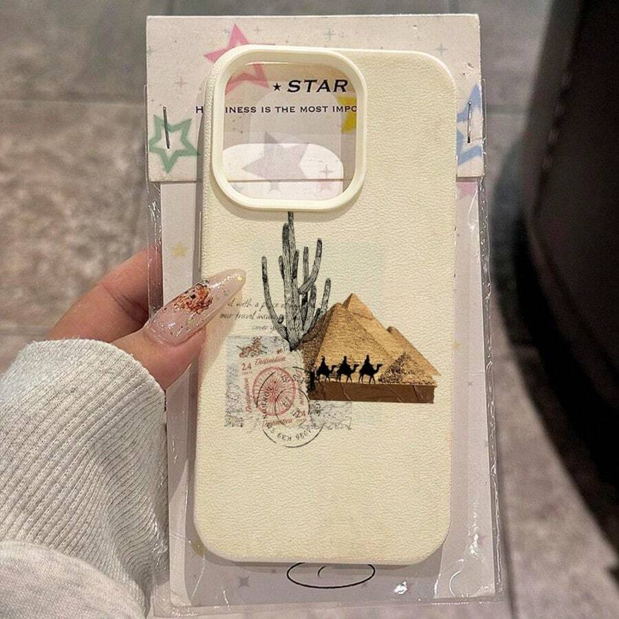 1 pieza Funda de teléfono de estilo vintage con pirámide de Egipto y camello en patchwork TPU compatible con iPhone - Blanco - Ver 1