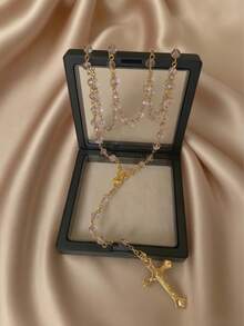 1pc Vintage Bohemian Alloy Crystal Colorful Beaded Cross Pendant Necklace, Sweater Chain