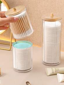 2-in-1 Doppelschicht runde Baumwollstäbchen Aufbewahrungsbox mit Bambusdeckel, transparente Baumwollpad Organizer Box, Make-up Entferner Pad Halter für Zuhause Schreibtisch, Schmuck und Kosmetik