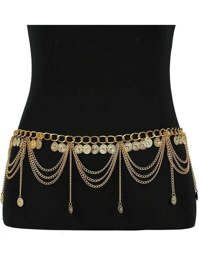 1pc Fashionable Coin Tassel Waist Chain, Bohemian Gold Color Chain Tassel
