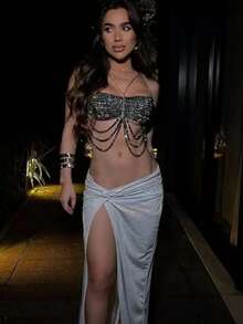 1pc Sexy High-End Rhinestone Chest Chain, Necklace, Bridal Gown, Nightclub Party Jewelry - Silver - View 7