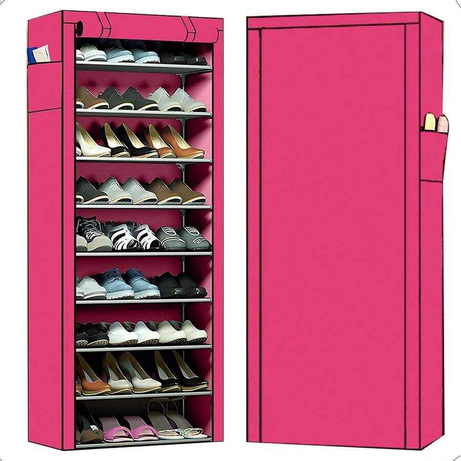 Zapatero simple de 5/9 capas con montaje en tubo de acero, a prueba de polvo, ahorra espacio en el hogar, zapatero de almacenamiento para dormitorio de estudiantes,precios al por mayor - 9 capas de rosa roja - Ver 1